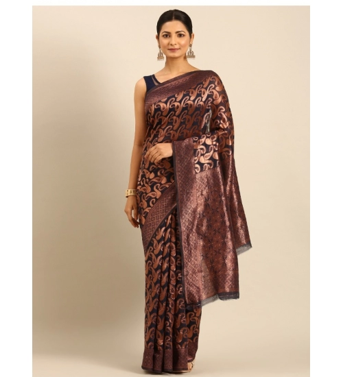 Generic Women's Cotton Woven Design Saree With Unstitched Blouse 5.5Mtr (Navy-Blue)