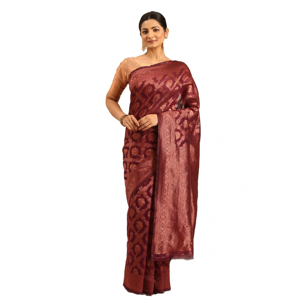 Generic Women's Cotton Woven Design Saree With Unstitched Blouse 5.5Mtr (Wine)