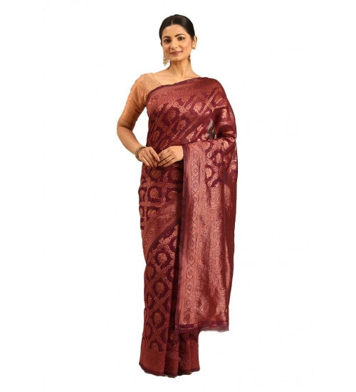 Generic Women's Cotton Woven Design Saree With Unstitched Blouse 5.5Mtr (Wine)