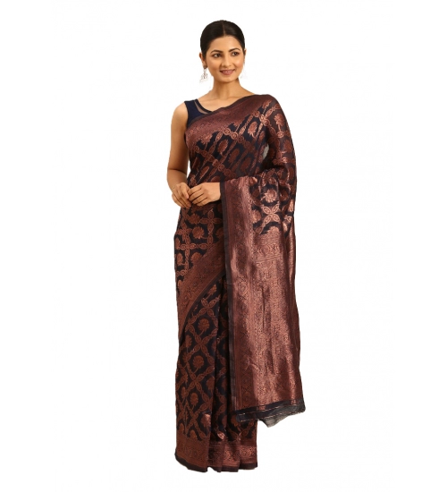 Generic Women's Cotton Woven Design Saree With Unstitched Blouse 5.5Mtr (Navy-Blue)