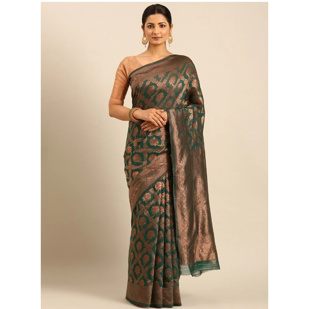 Generic Women's Cotton Woven Design Saree With Unstitched Blouse 5.5Mtr (Green)