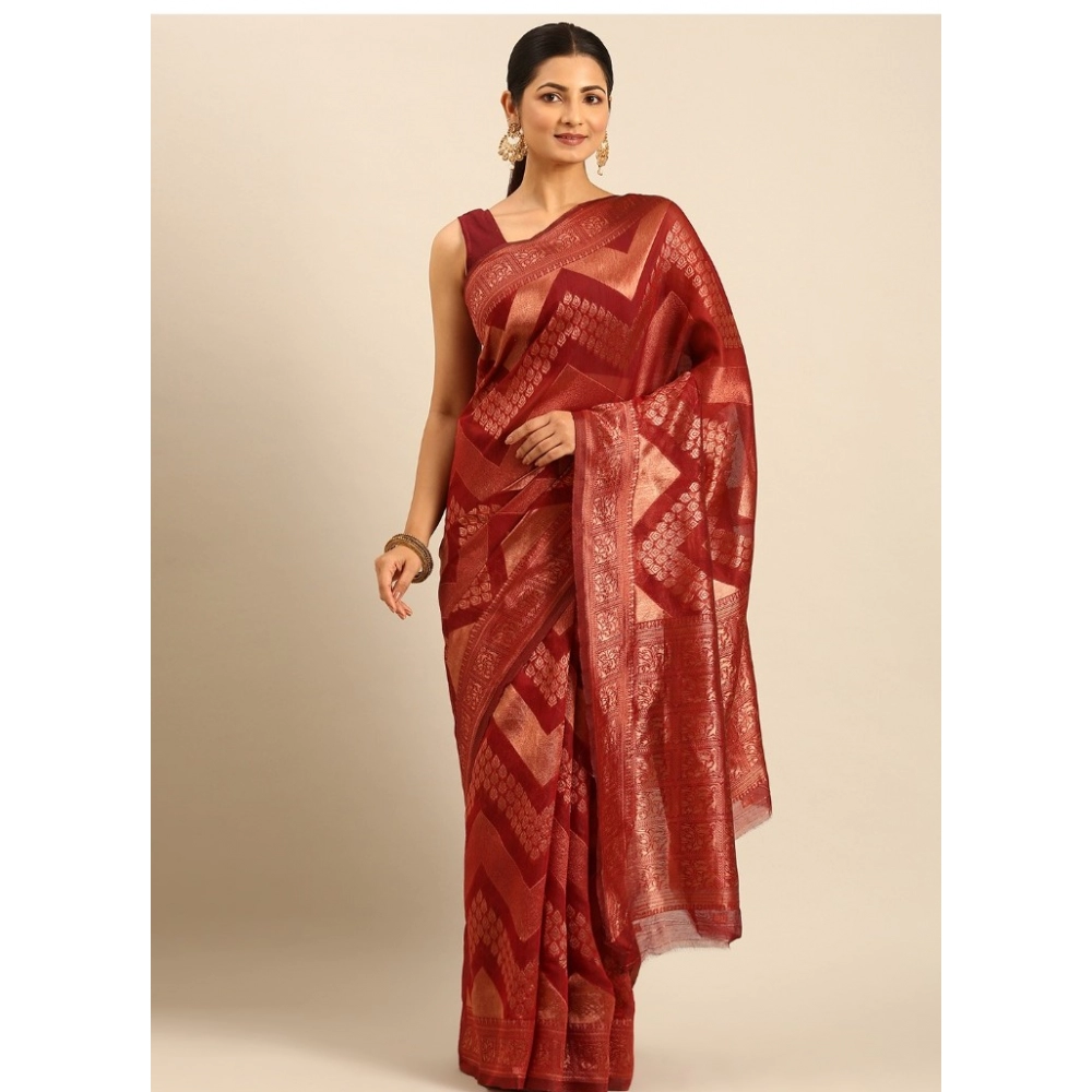 Generic Women's Cotton Woven Design Saree With Unstitched Blouse 5.5Mtr (Maroon)