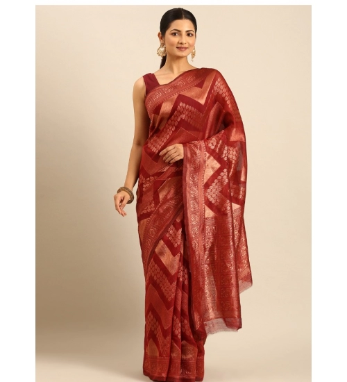 Generic Women's Cotton Woven Design Saree With Unstitched Blouse 5.5Mtr (Maroon)