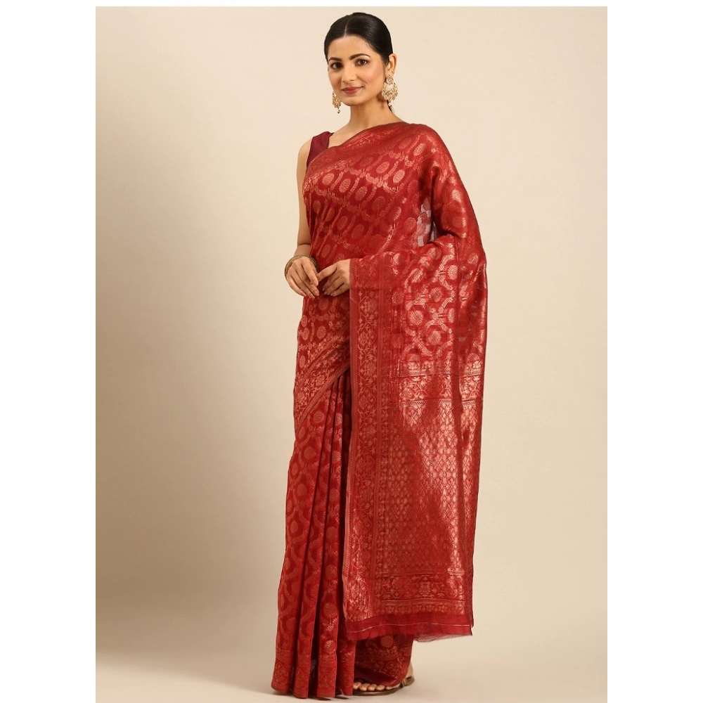 Generic Women's Cotton Woven Design Saree With Unstitched Blouse 5.5Mtr (Red)