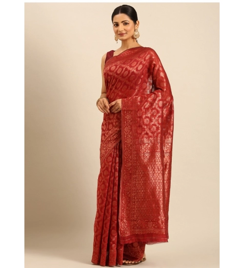 Generic Women's Cotton Woven Design Saree With Unstitched Blouse 5.5Mtr (Red)