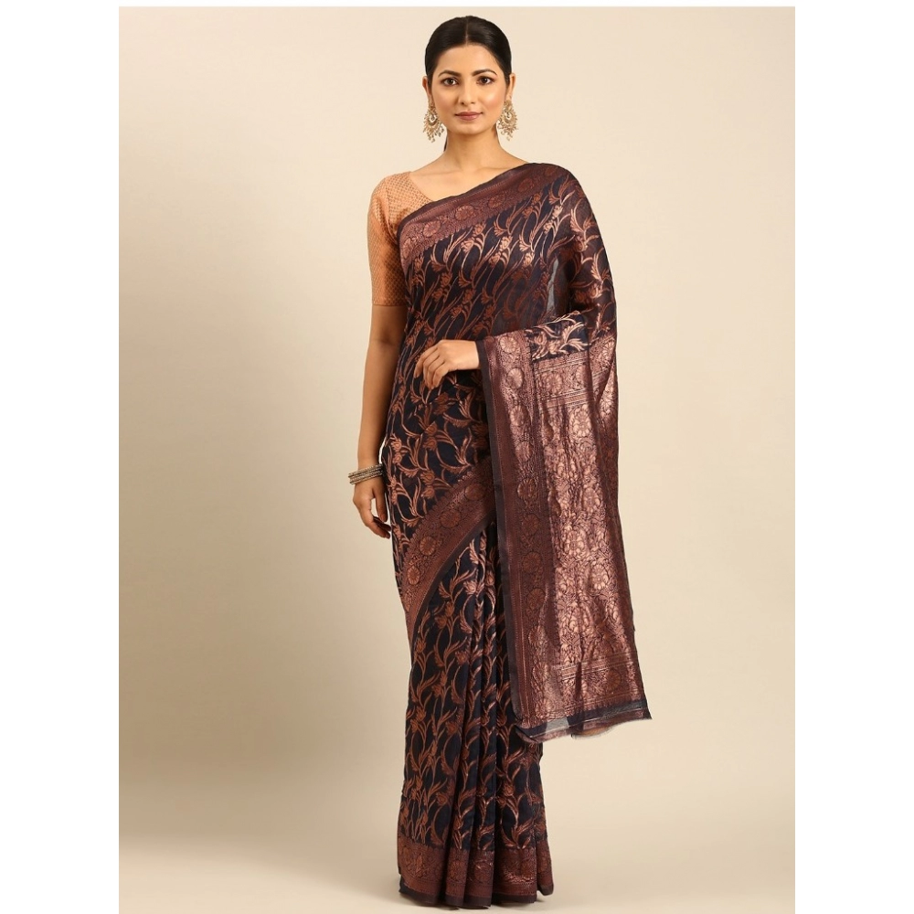 Generic Women's Cotton Woven Design Saree With Unstitched Blouse 5.5Mtr (Navy-Blue)