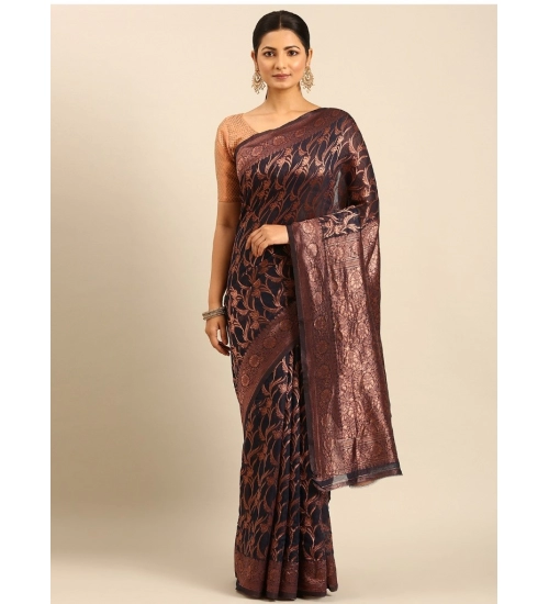 Generic Women's Cotton Woven Design Saree With Unstitched Blouse 5.5Mtr (Navy-Blue)