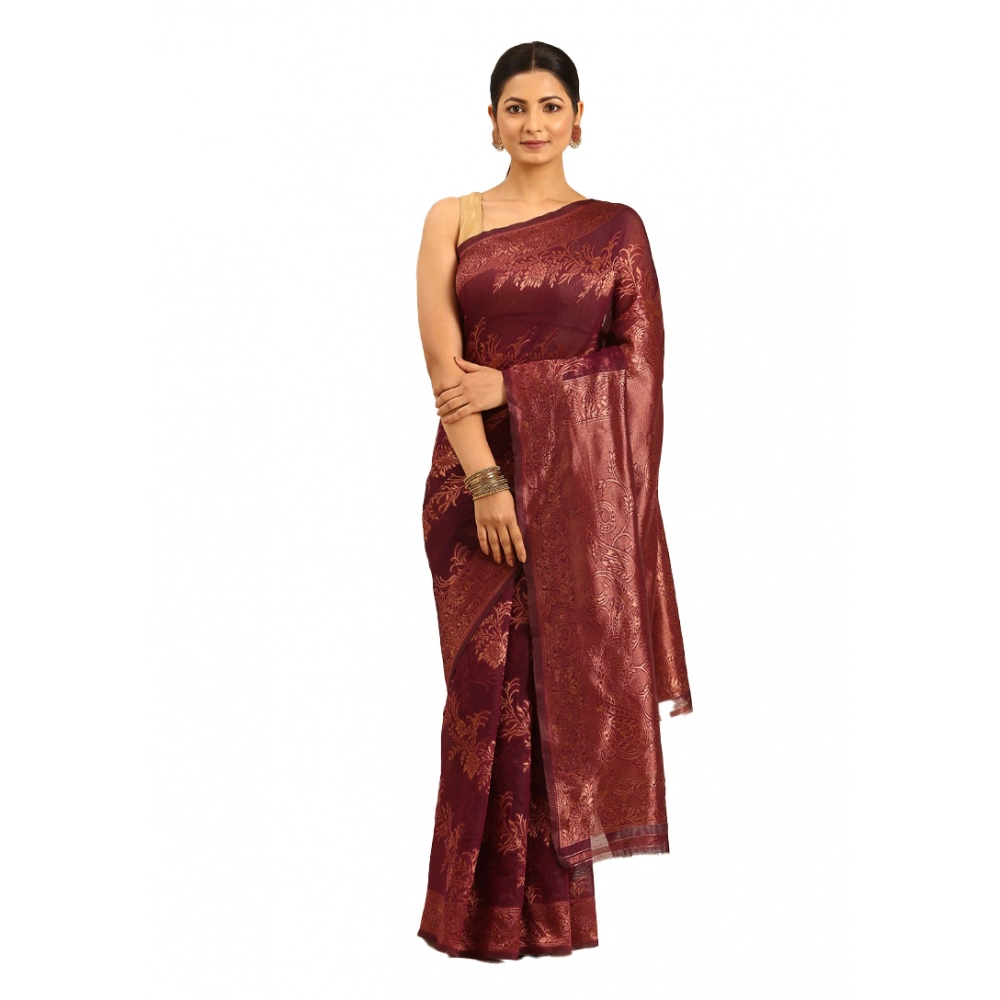Generic Women's Cotton Woven Design Saree With Unstitched Blouse 5.5Mtr (Purple)