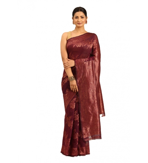 Generic Women's Cotton Woven Design Saree With Unstitched Blouse 5.5Mtr (Purple)