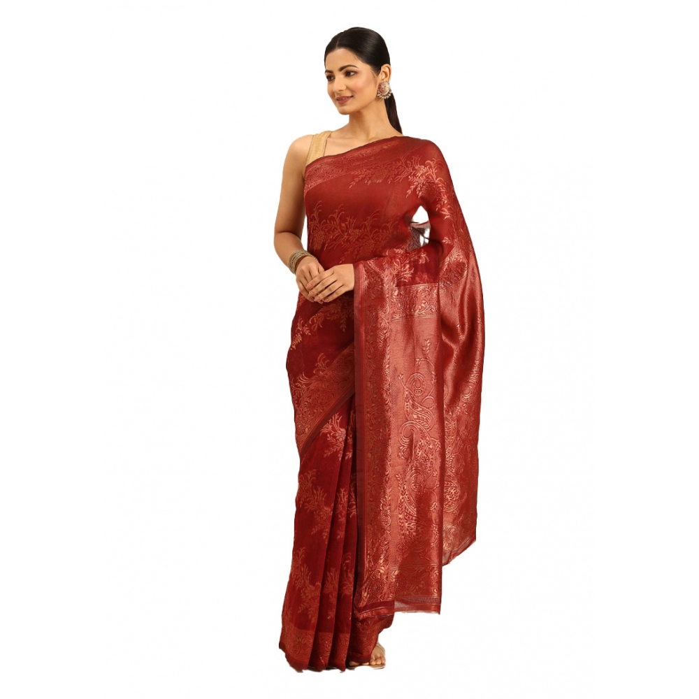 Generic Women's Cotton Woven Design Saree With Unstitched Blouse 5.5Mtr (Red)