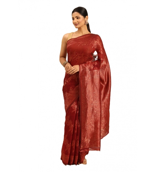 Generic Women's Cotton Woven Design Saree With Unstitched Blouse 5.5Mtr (Red)