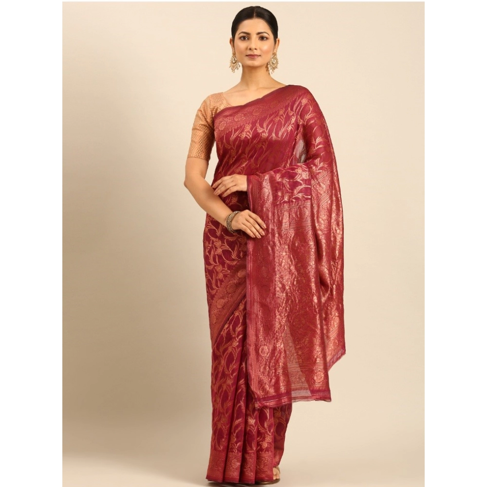 Generic Women's Cotton Woven Design Saree With Unstitched Blouse 5.5Mtr (Magenta)
