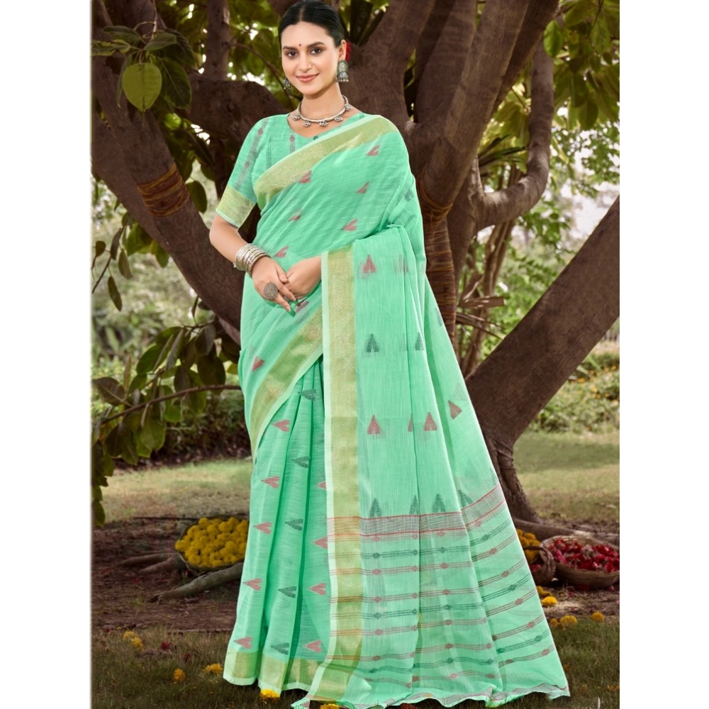 Generic Women's Cotton Printed Saree With Unstitched Blouse 5.5Mtr (Green)