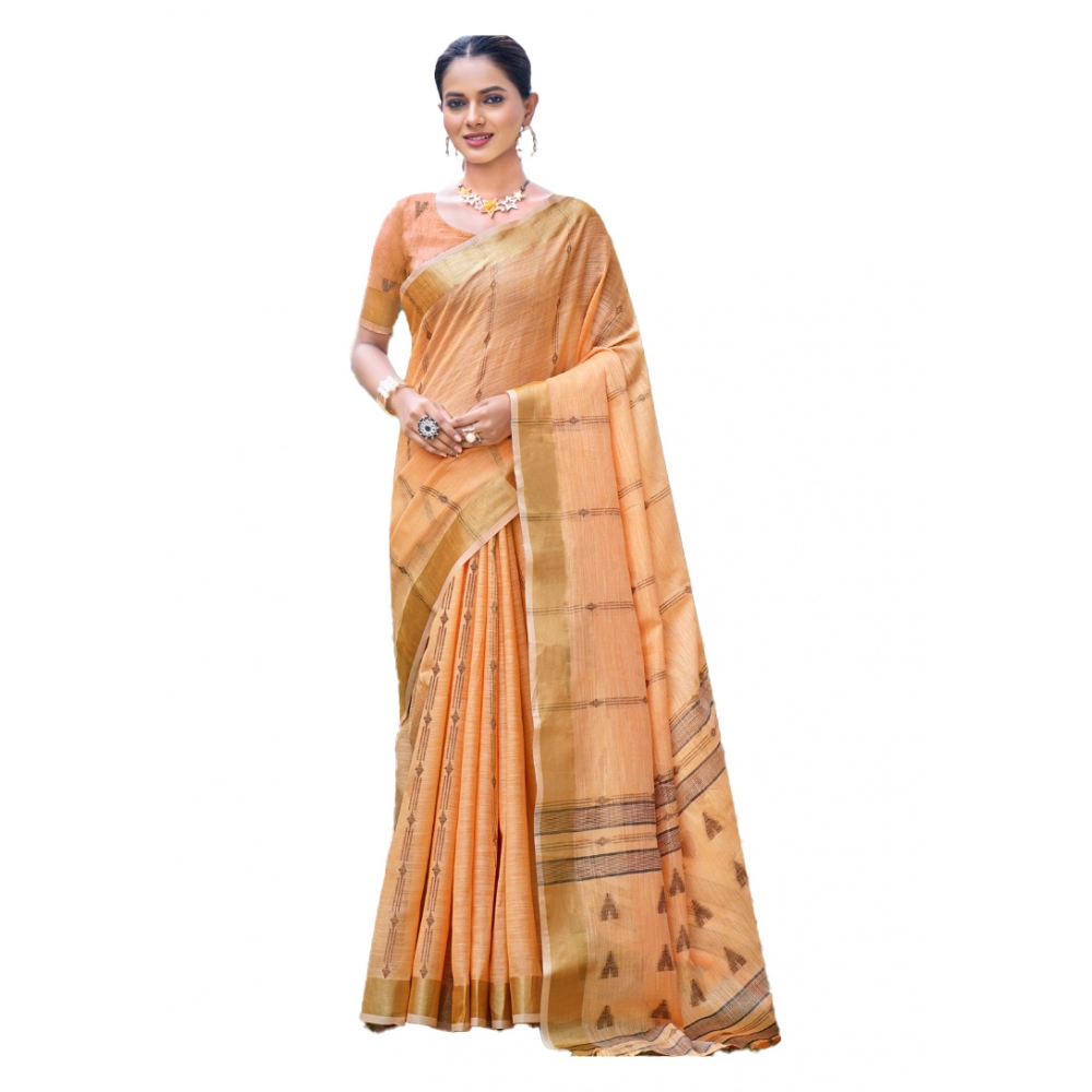 Generic Women's Cotton Printed Saree With Unstitched Blouse 5.5Mtr (Orange)