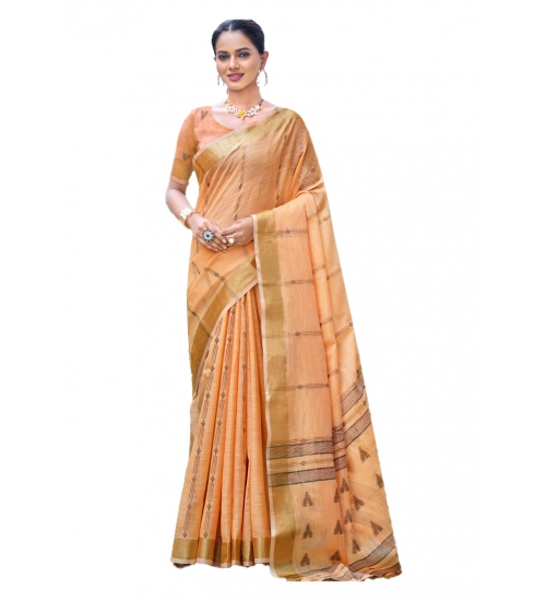 Generic Women's Cotton Printed Saree With Unstitched Blouse 5.5Mtr (Orange)