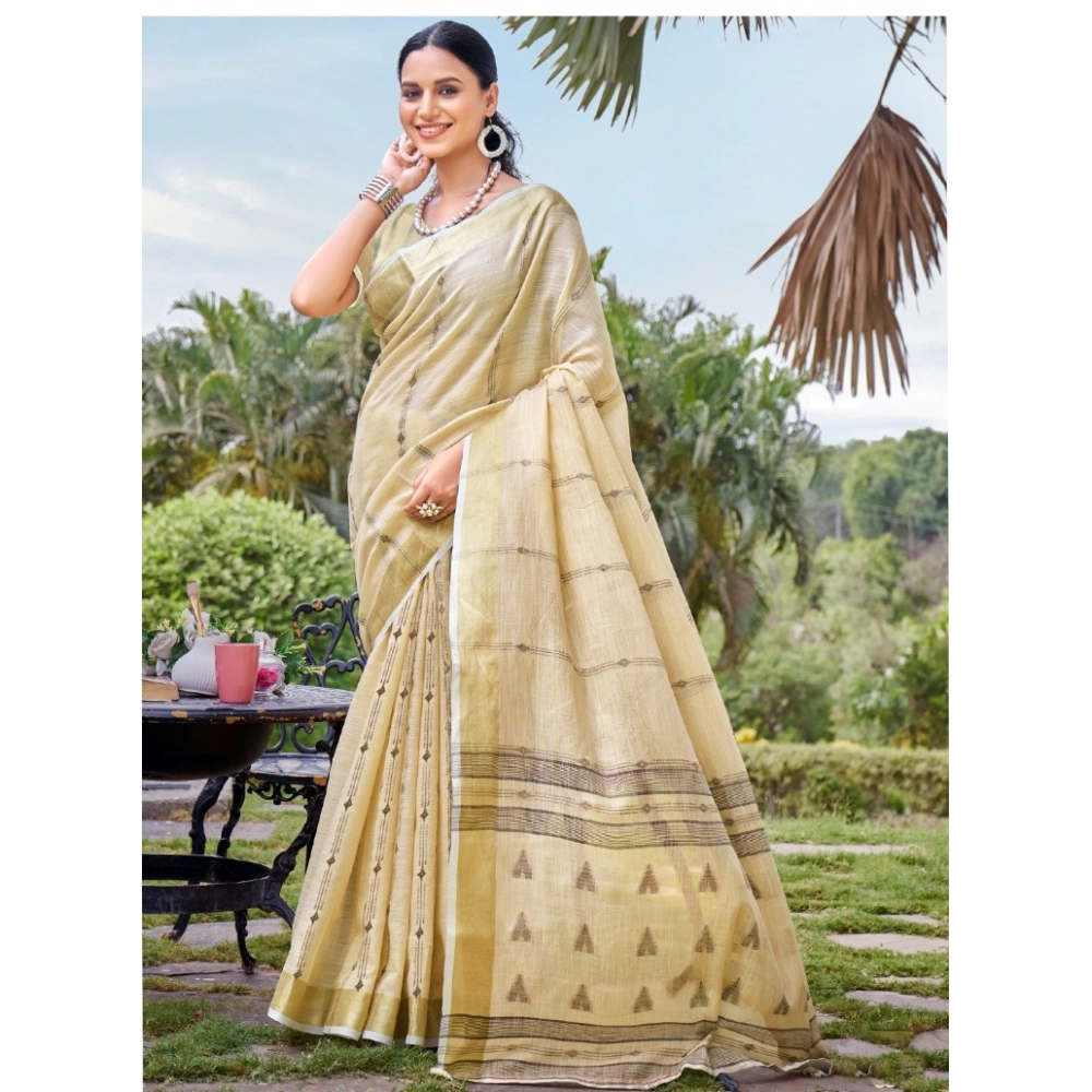 Generic Women's Cotton Printed Saree With Unstitched Blouse 5.5Mtr (Cream-Grey)