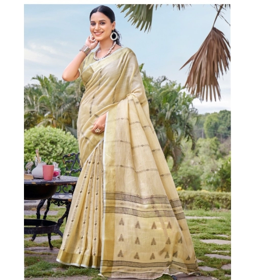 Generic Women's Cotton Printed Saree With Unstitched Blouse 5.5Mtr (Cream-Grey)