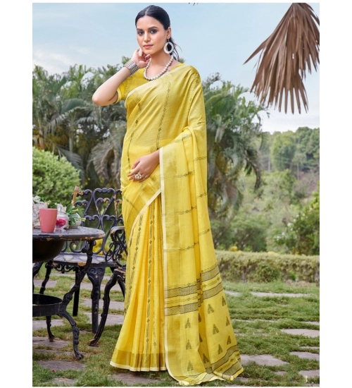 Generic Women's Cotton Printed Saree With Unstitched Blouse 5.5Mtr (Yellow)