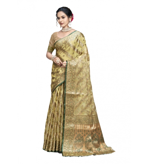 Generic Women's Organza Woven Design Saree With Unstitched Blouse 5.5Mtr (Light-Yellow)