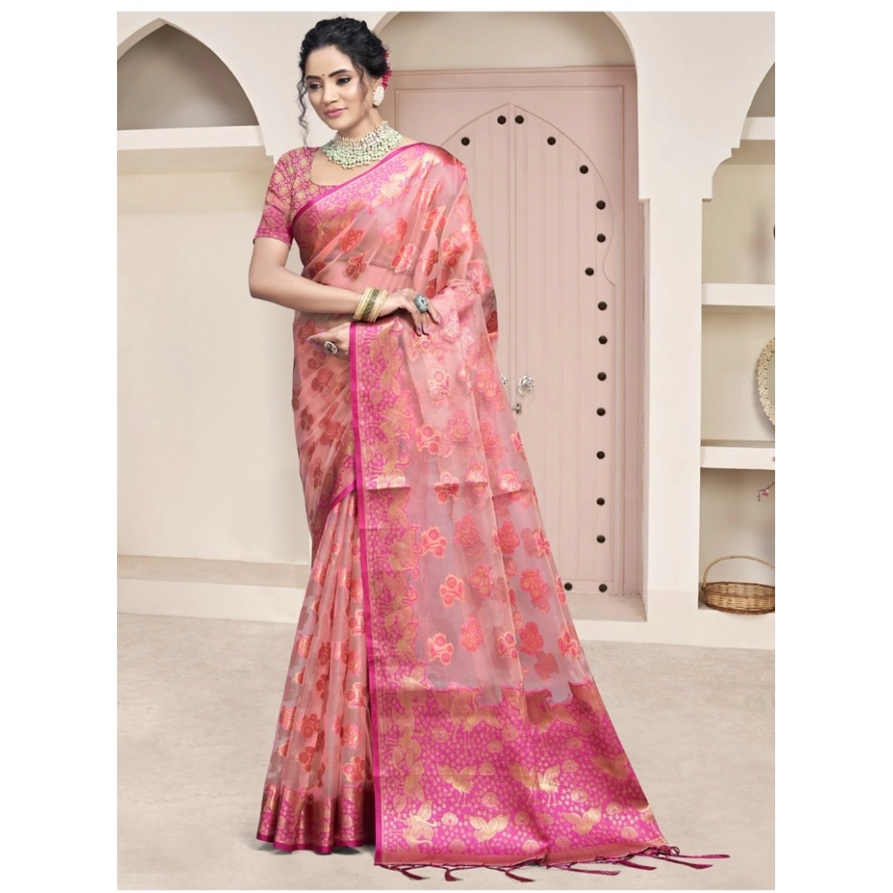 Generic Women's Organza Woven Design Saree With Unstitched Blouse 5.5Mtr (Pink)