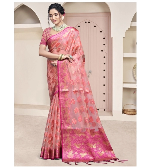 Generic Women's Organza Woven Design Saree With Unstitched Blouse 5.5Mtr (Pink)