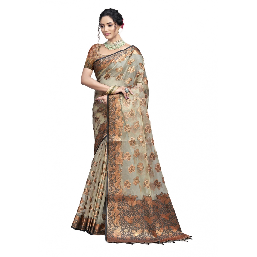 Generic Women's Organza Woven Design Saree With Unstitched Blouse 5.5Mtr (Grey)