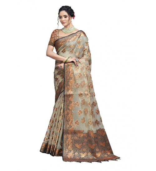 Generic Women's Organza Woven Design Saree With Unstitched Blouse 5.5Mtr (Grey)