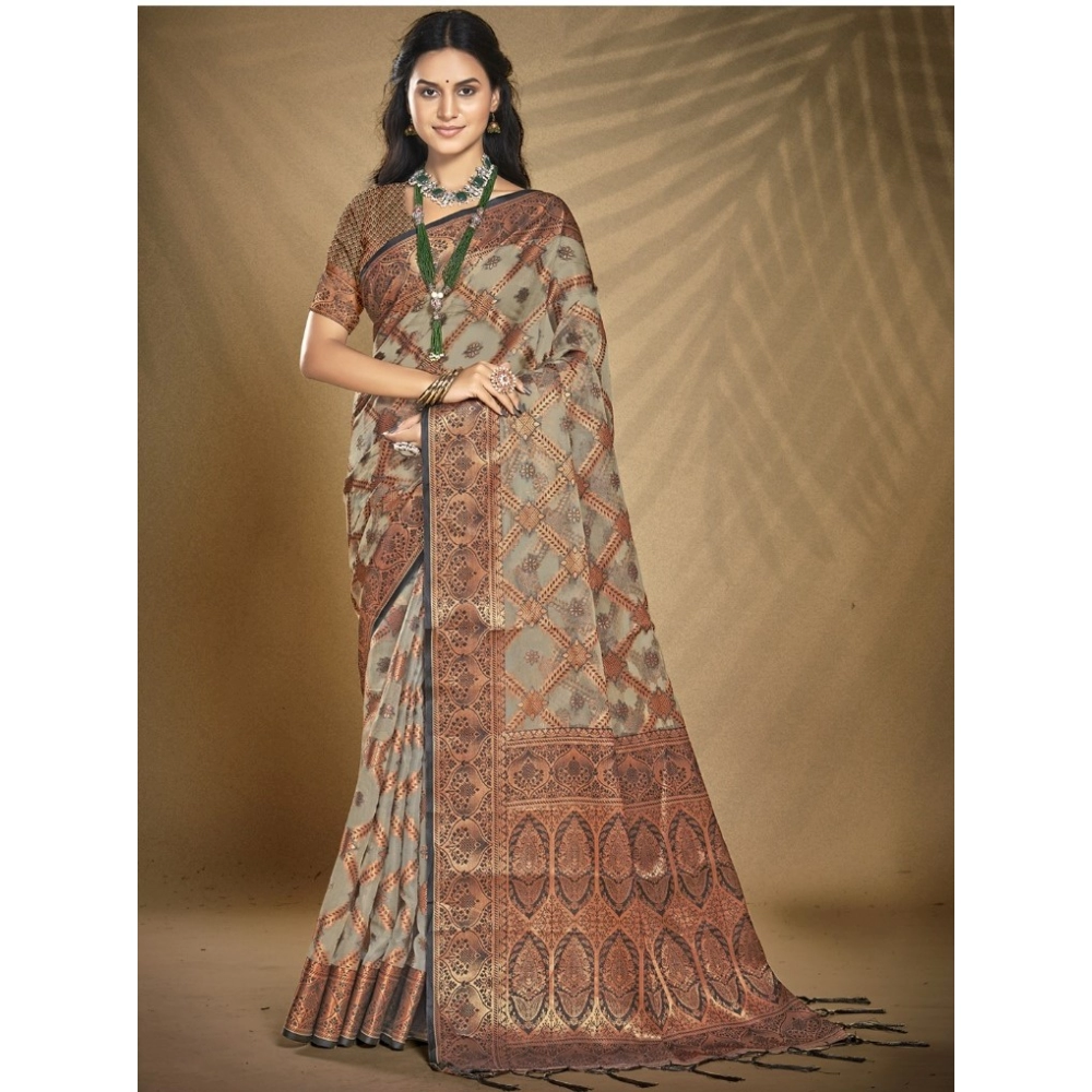 Generic Women's Organza Woven Design Saree With Unstitched Blouse 5.5Mtr (Grey)