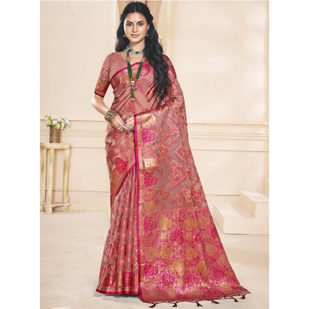 Generic Women's Organza Woven Design Saree With Unstitched Blouse 5.5Mtr (Pink)