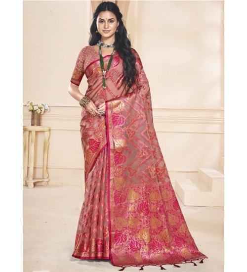 Generic Women's Organza Woven Design Saree With Unstitched Blouse 5.5Mtr (Pink)