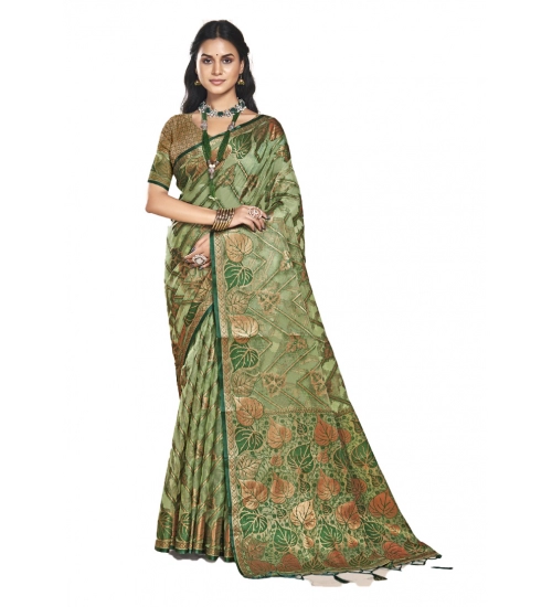 Generic Women's Organza Woven Design Saree With Unstitched Blouse 5.5Mtr (Green)