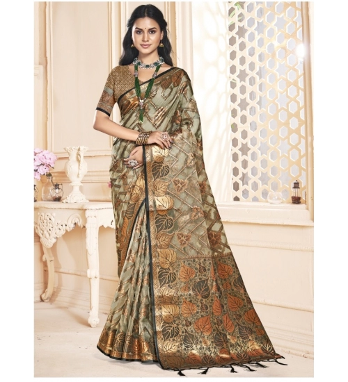 Generic Women's Organza Woven Design Saree With Unstitched Blouse 5.5Mtr (Grey)