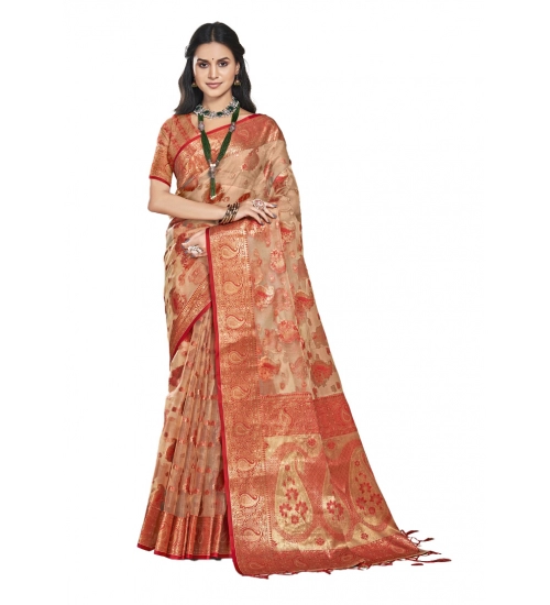 Generic Women's Organza Woven Design Saree With Unstitched Blouse 5.5Mtr (Brown)