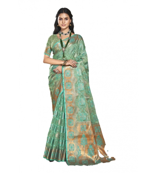 Generic Women's Organza Woven Design Saree With Unstitched Blouse 5.5Mtr (Green)