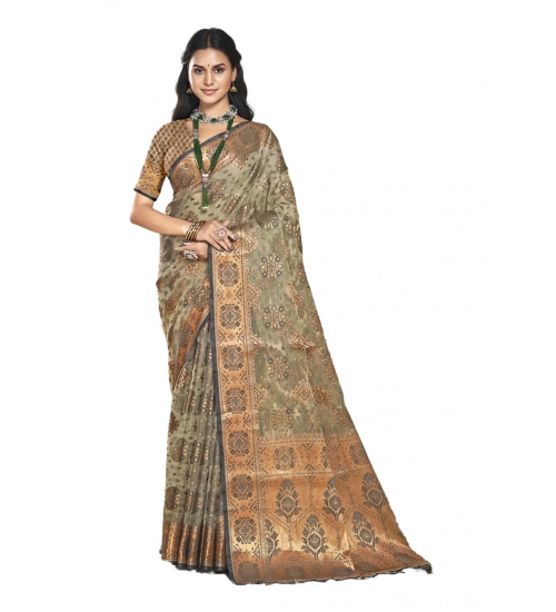 Generic Women's Organza Woven Design Saree With Unstitched Blouse 5.5Mtr (Grey)