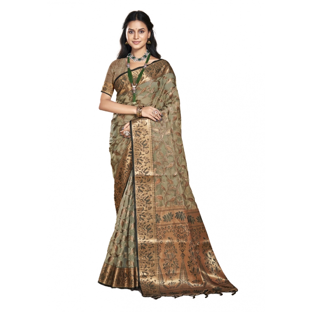 Generic Women's Organza Woven Design Saree With Unstitched Blouse 5.5Mtr (Grey)