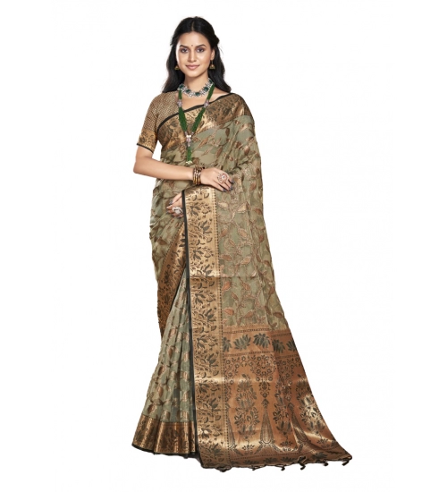 Generic Women's Organza Woven Design Saree With Unstitched Blouse 5.5Mtr (Grey)