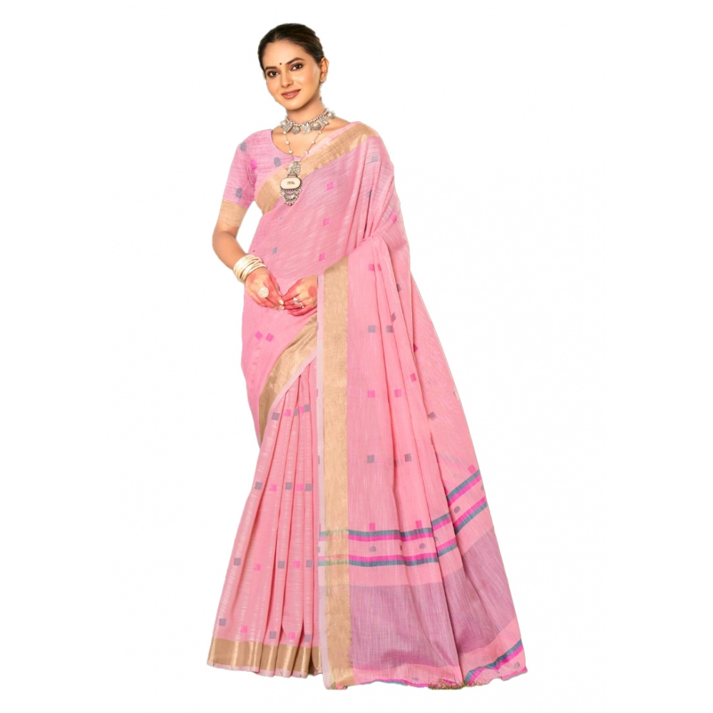 Generic Women's Cotton Printed Saree With Unstitched Blouse 5.5Mtr (Pink)