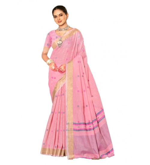 Generic Women's Cotton Printed Saree With Unstitched Blouse 5.5Mtr (Pink)
