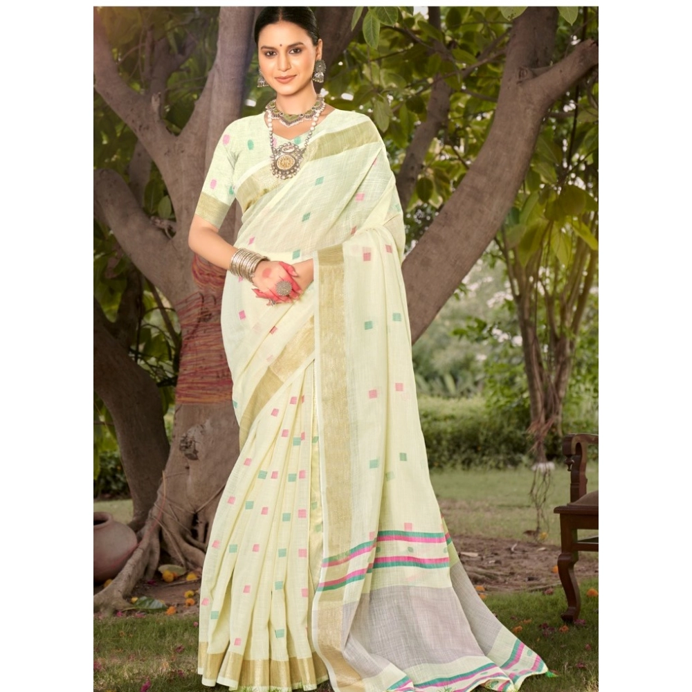 Generic Women's Cotton Printed Saree With Unstitched Blouse 5.5Mtr (Off white)