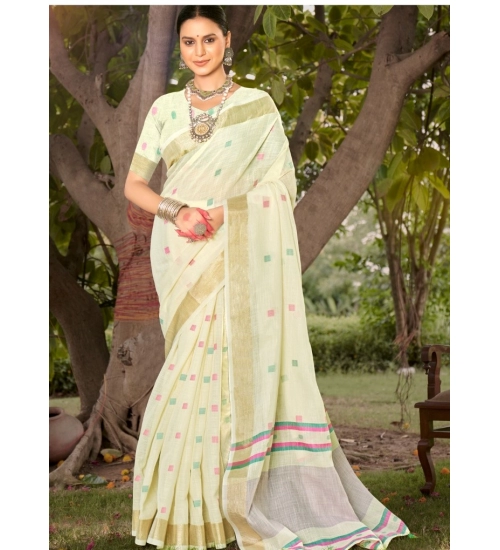 Generic Women's Cotton Printed Saree With Unstitched Blouse 5.5Mtr (Off white)