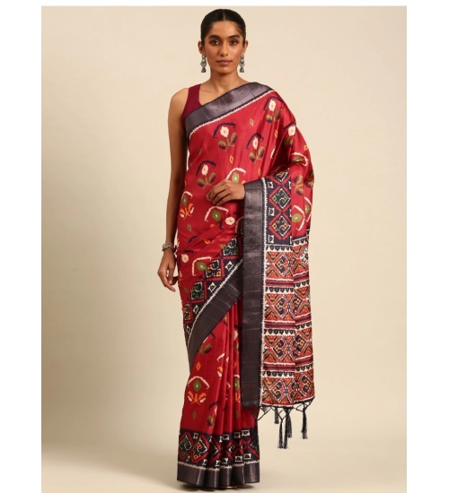Generic Women's Cotton Printed Saree With Unstitched Blouse 5.5Mtr (Red)