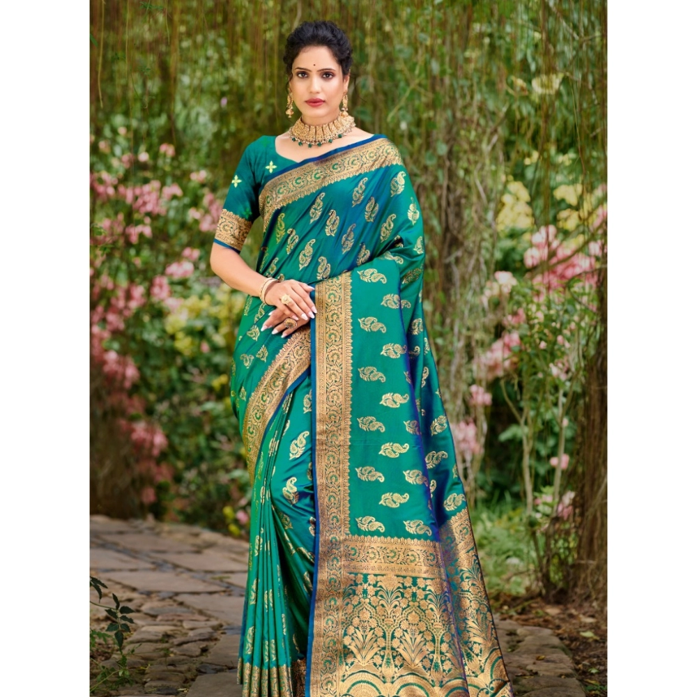 Generic Women's Silk Woven Design Saree With Unstitched Blouse 5.5Mtr (Teal-Green)