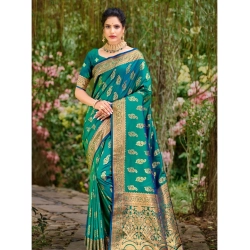 Generic Women's Silk Woven Design Saree With Unstitched Blouse 5.5Mtr (Teal-Green)