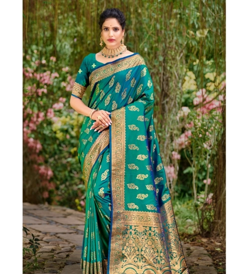 Generic Women's Silk Woven Design Saree With Unstitched Blouse 5.5Mtr (Teal-Green)