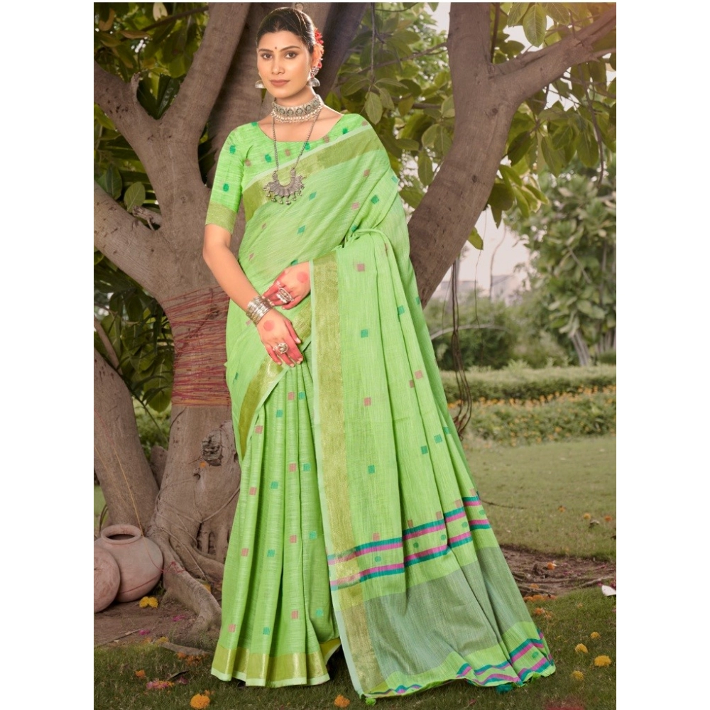 Generic Women's Cotton Printed Saree With Unstitched Blouse 5.5Mtr (Green)