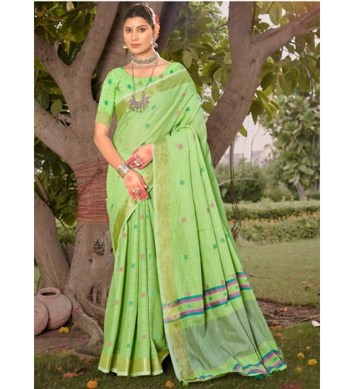 Generic Women's Cotton Printed Saree With Unstitched Blouse 5.5Mtr (Green)