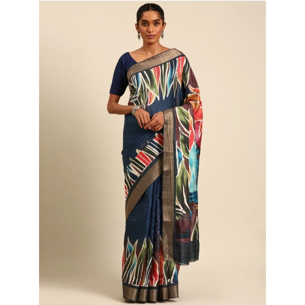 Generic Women's Cotton Printed Saree With Unstitched Blouse 5.5Mtr (Navy-Blue)