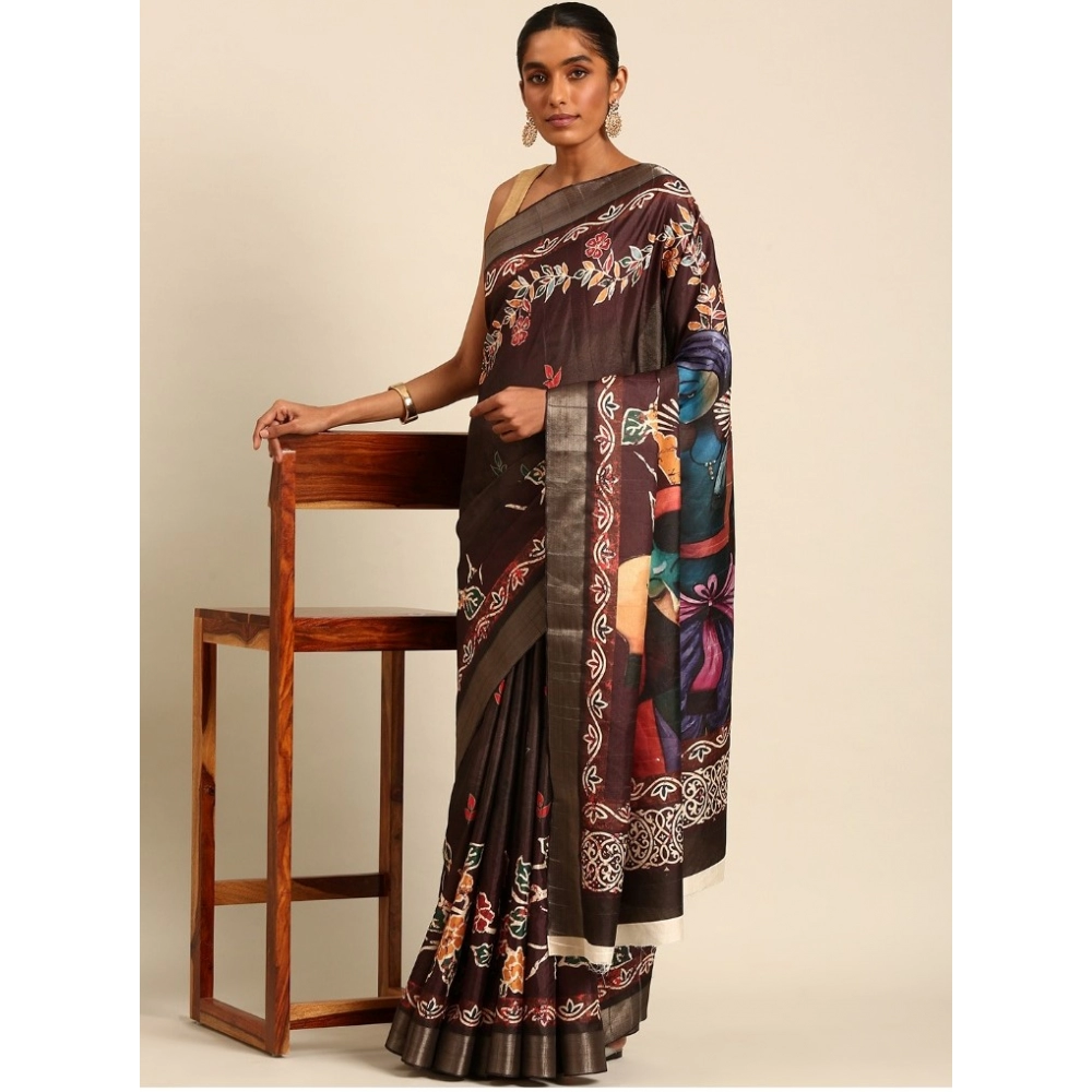 Generic Women's Cotton Printed Saree With Unstitched Blouse 5.5Mtr (Brown)