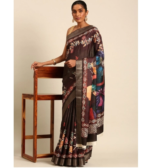 Generic Women's Cotton Printed Saree With Unstitched Blouse 5.5Mtr (Brown)
